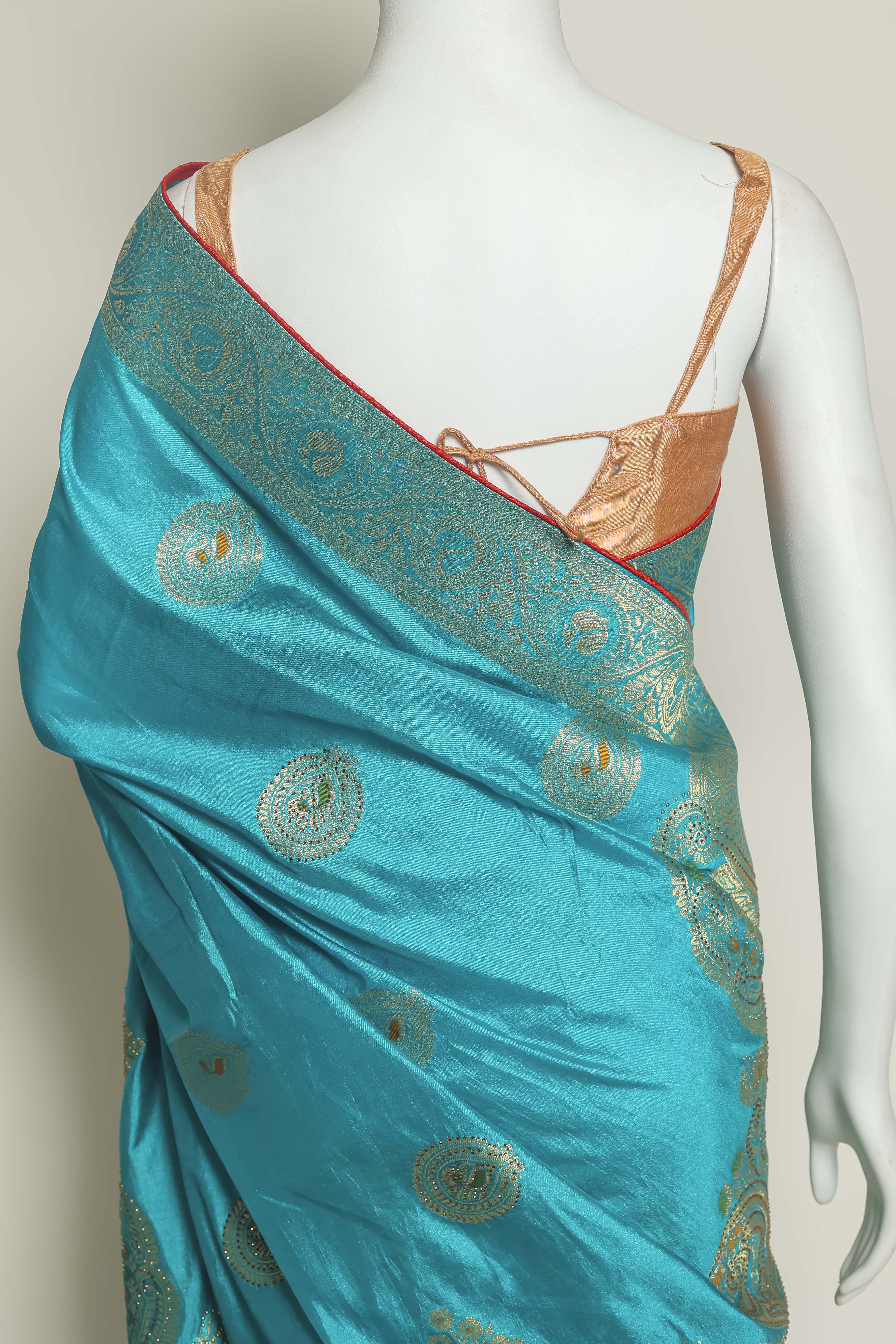 Ocean Bliss Firozi Art Silk Saree – Swarovski Sparkle Elegance