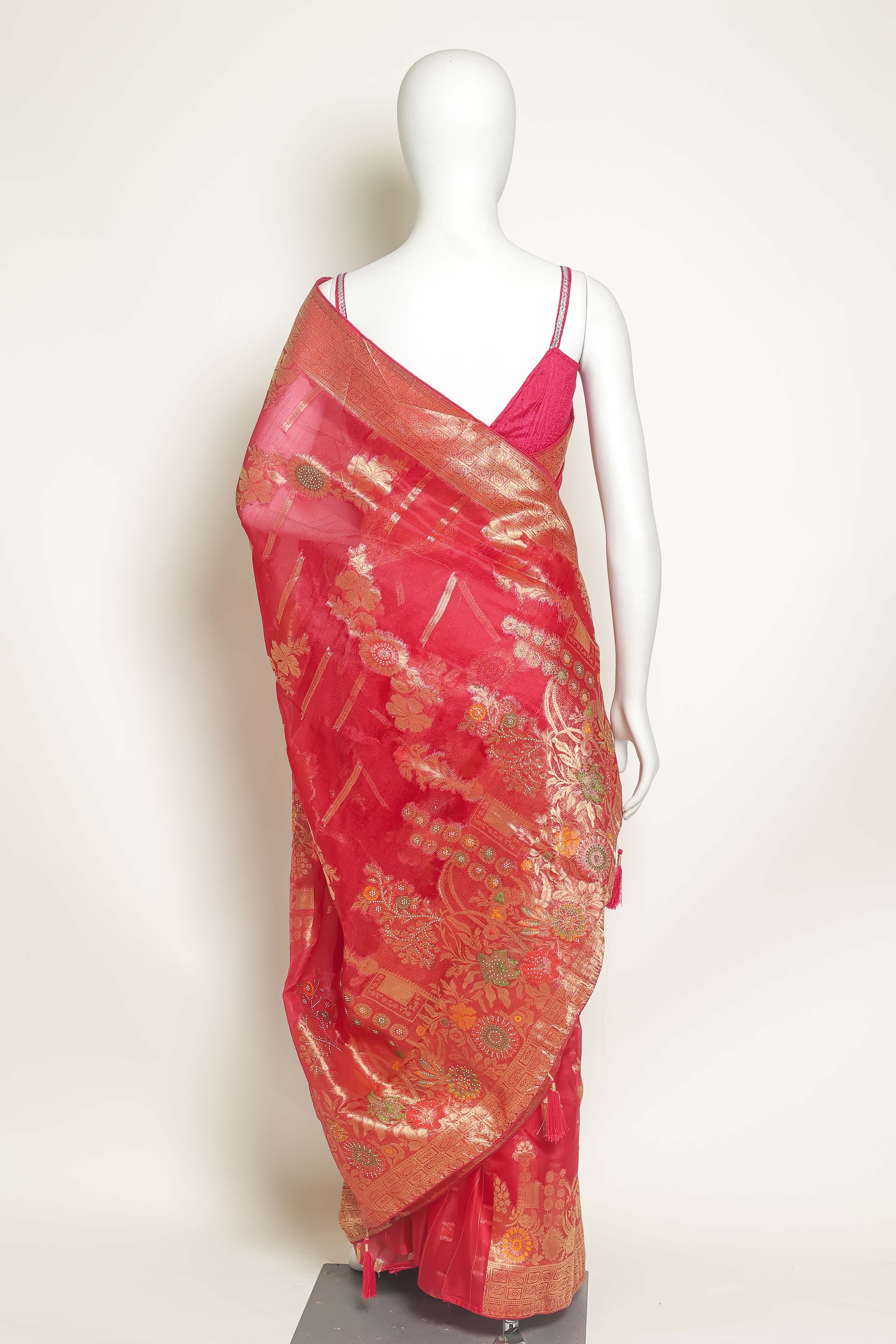 Royal Radiance Rani Art Organza Saree – Swarovski & Meena Embroidery
