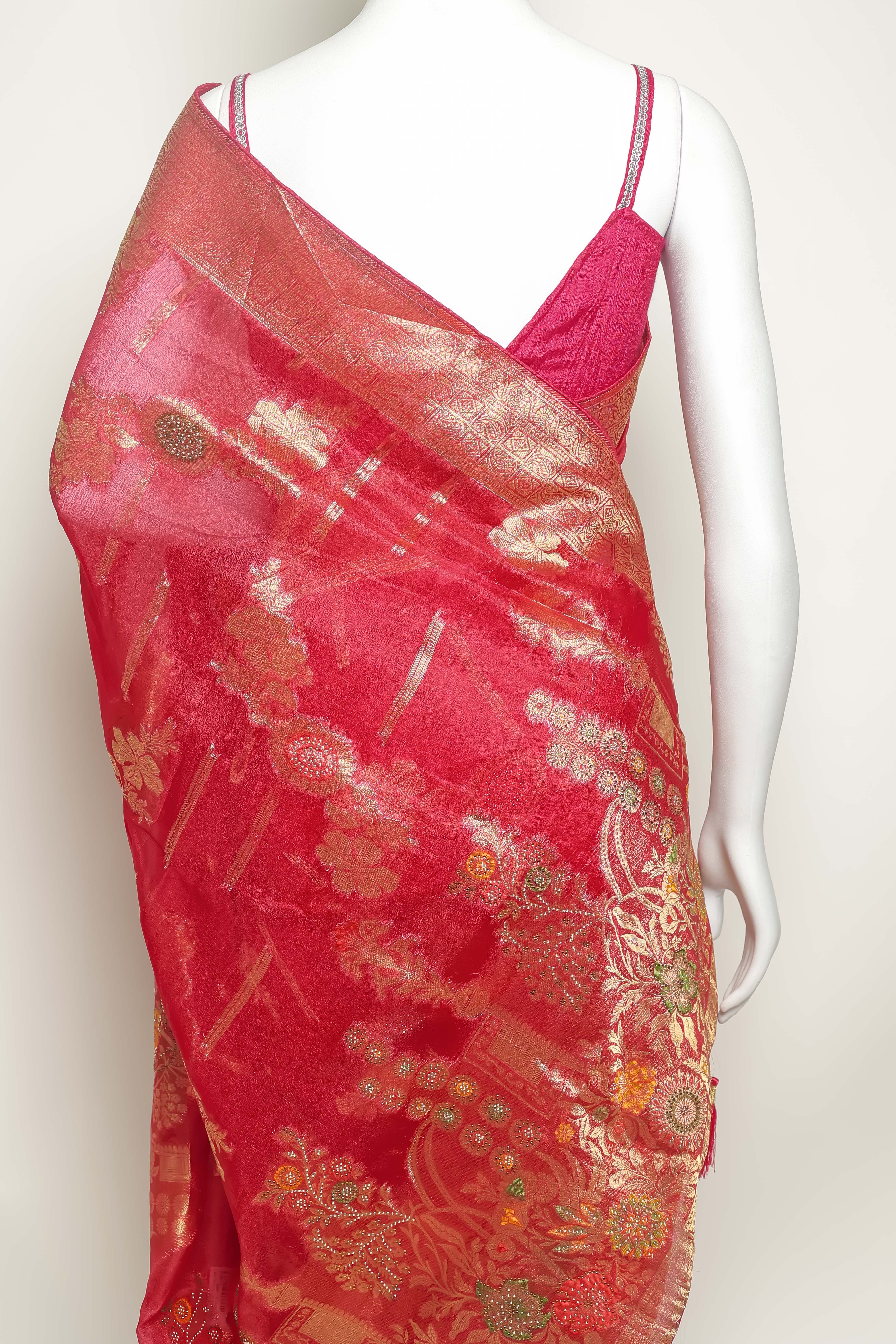Royal Radiance Rani Art Organza Saree – Swarovski & Meena Embroidery