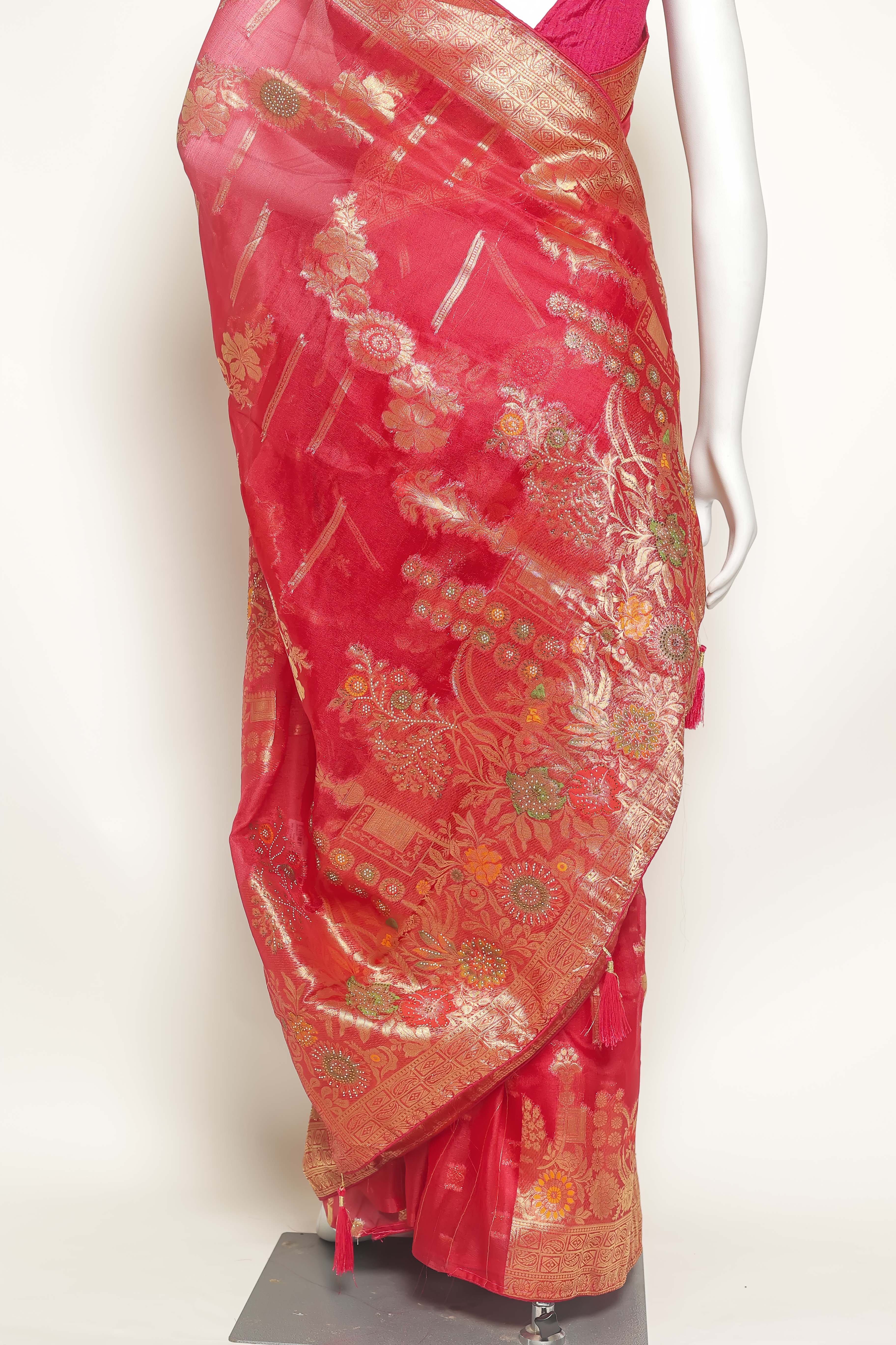 Royal Radiance Rani Art Organza Saree – Swarovski & Meena Embroidery