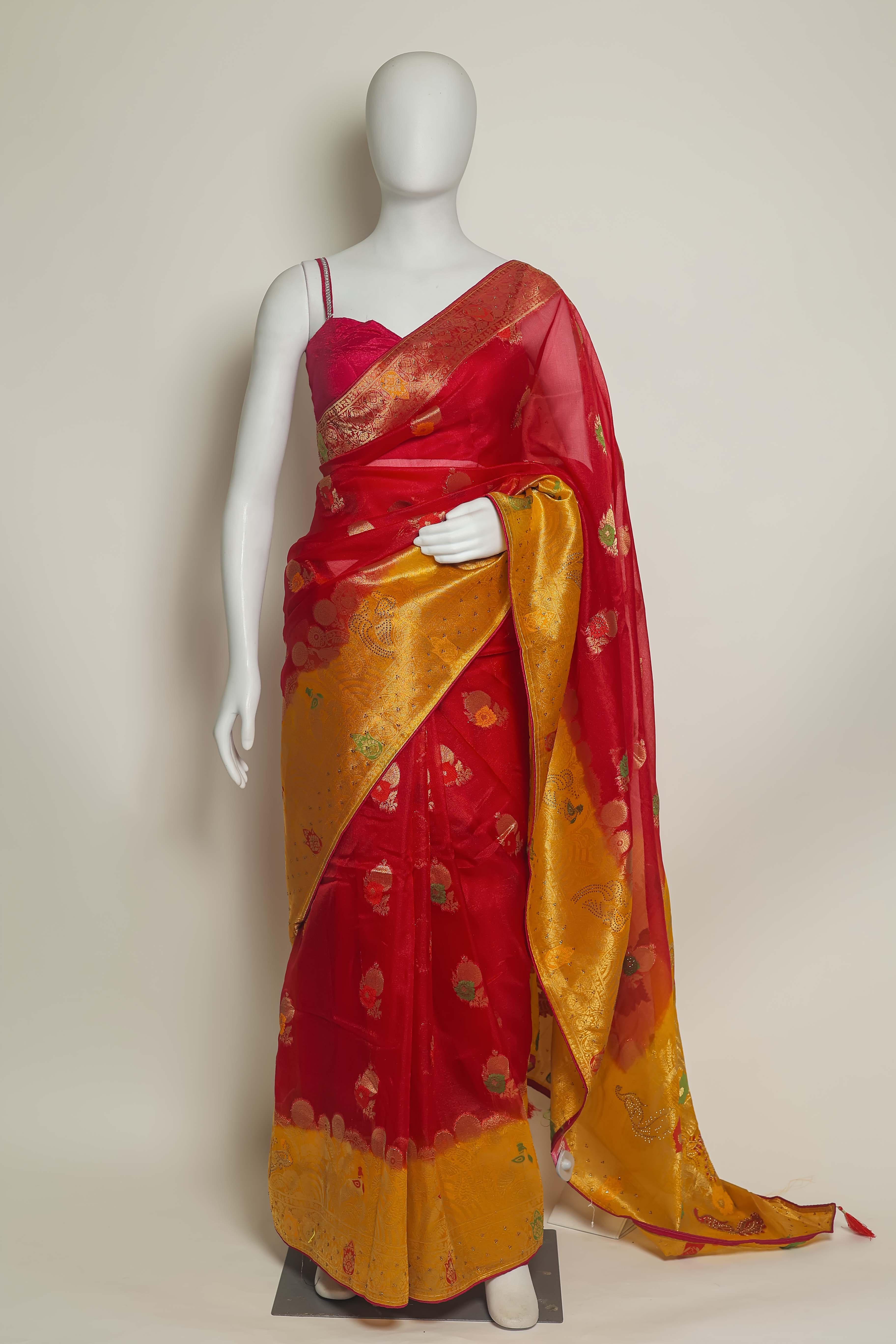 Scarlet Sunshine Art Organza Saree – Swarovski & Meena Embroidery Elegance