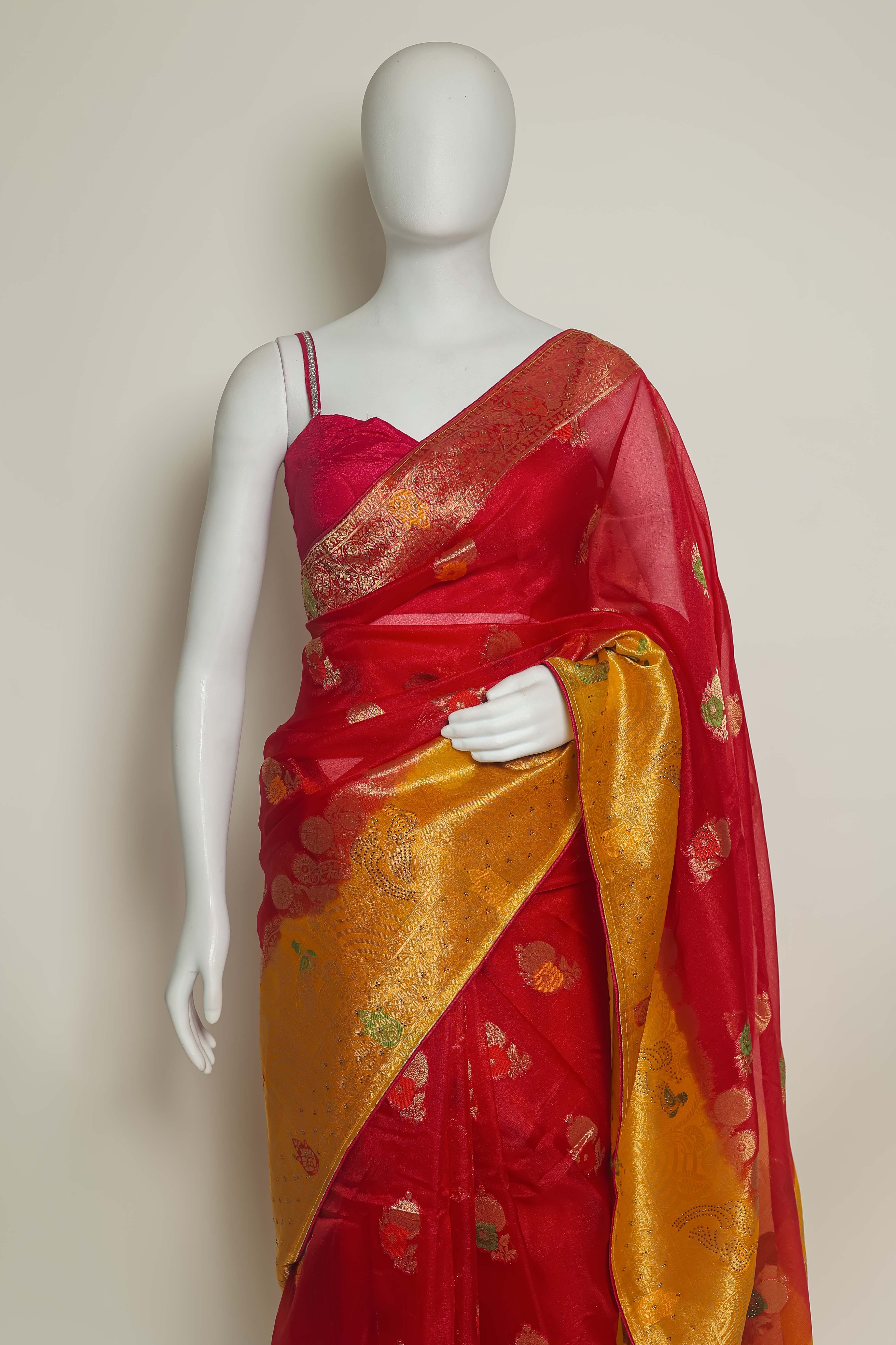 Scarlet Sunshine Art Organza Saree – Swarovski & Meena Embroidery Elegance