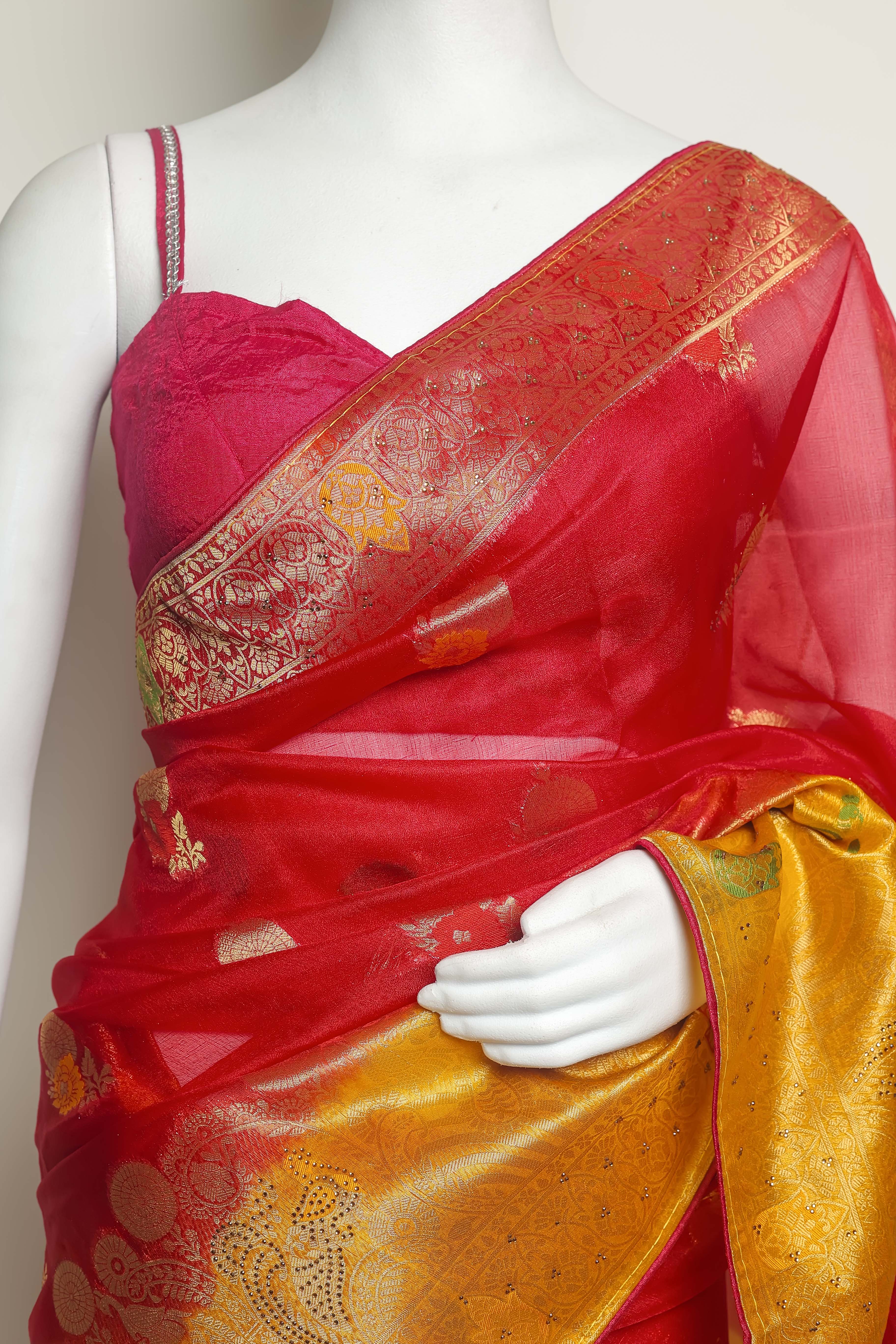 Scarlet Sunshine Art Organza Saree – Swarovski & Meena Embroidery Elegance