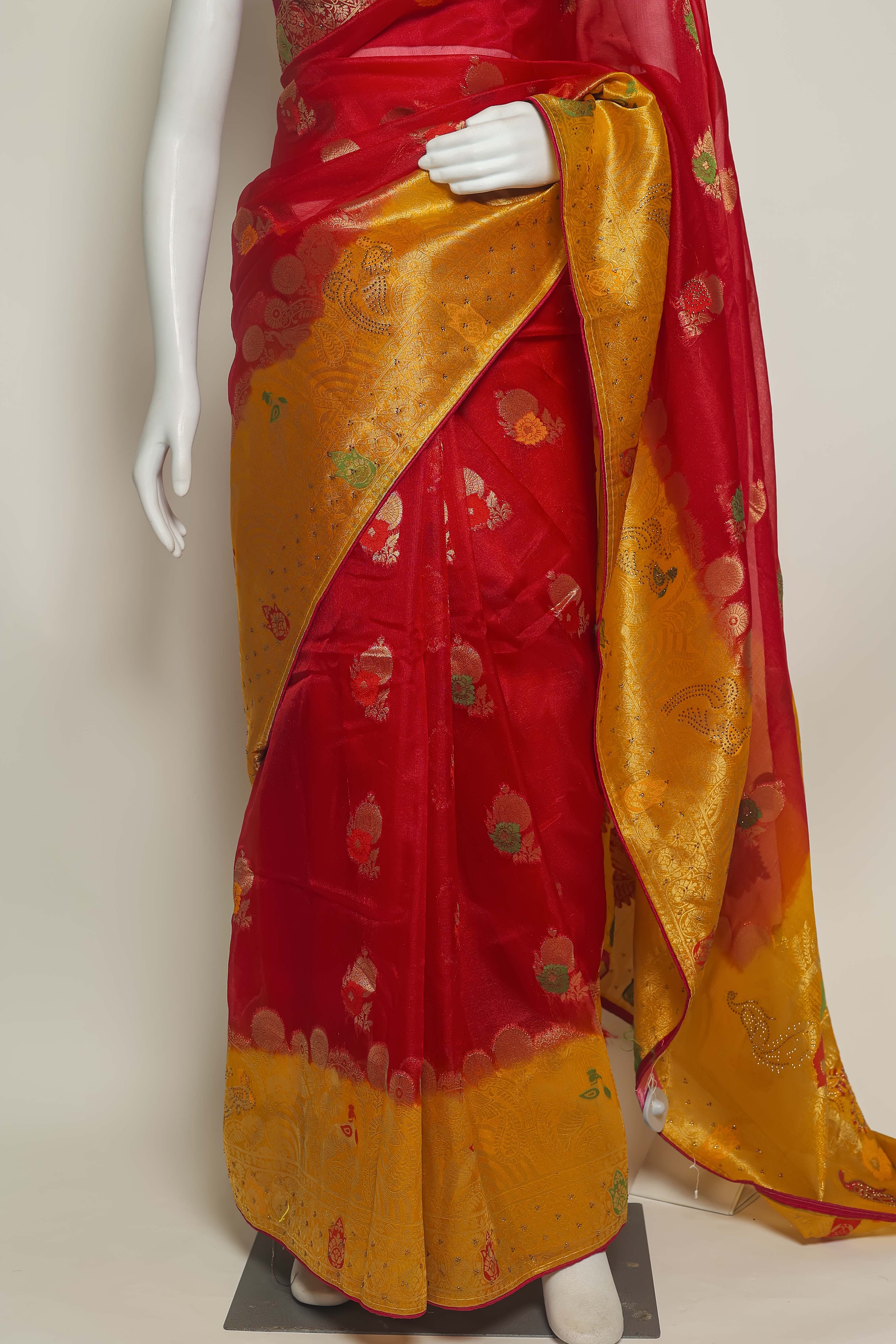 Scarlet Sunshine Art Organza Saree – Swarovski & Meena Embroidery Elegance