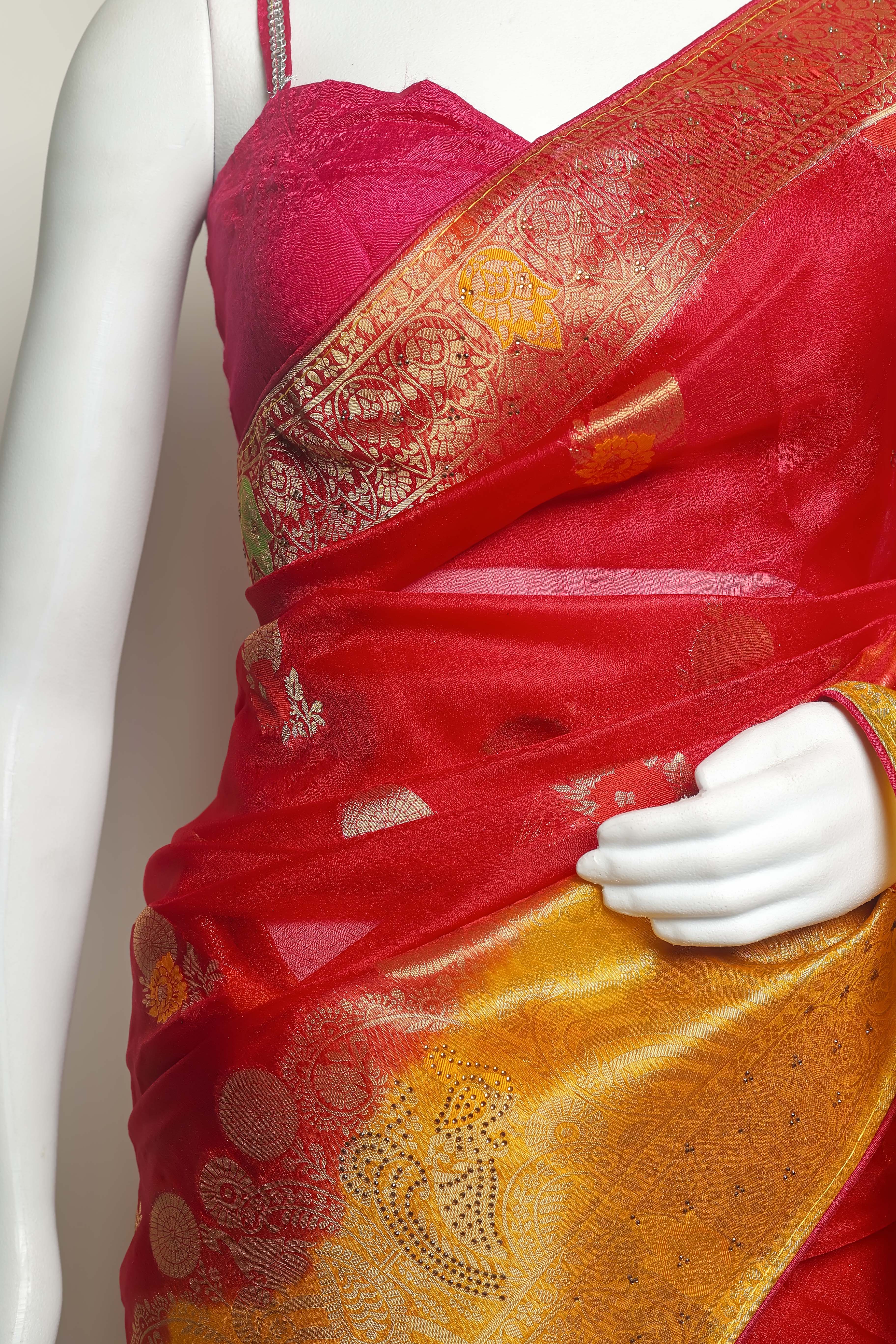 Scarlet Sunshine Art Organza Saree – Swarovski & Meena Embroidery Elegance
