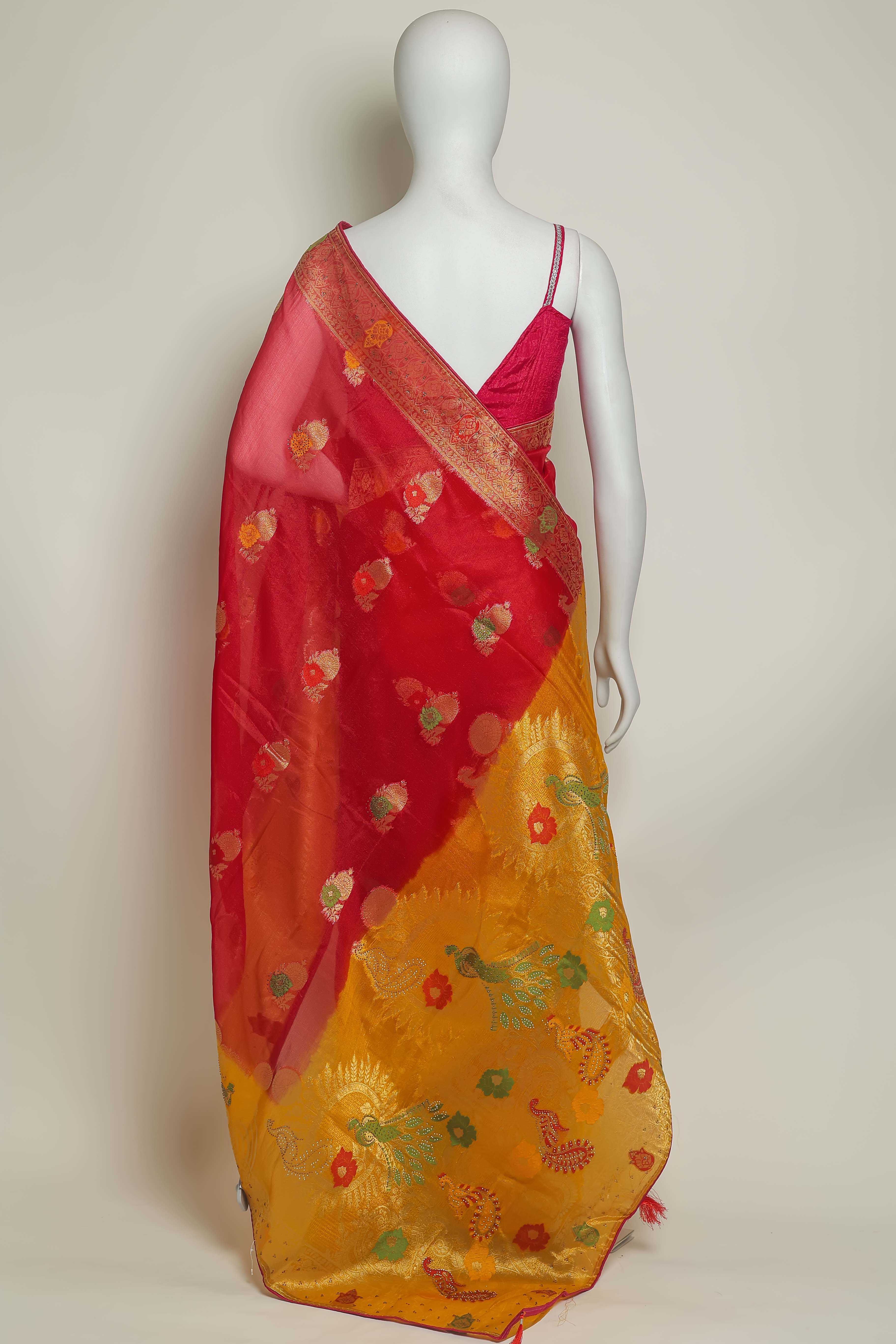 Scarlet Sunshine Art Organza Saree – Swarovski & Meena Embroidery Elegance
