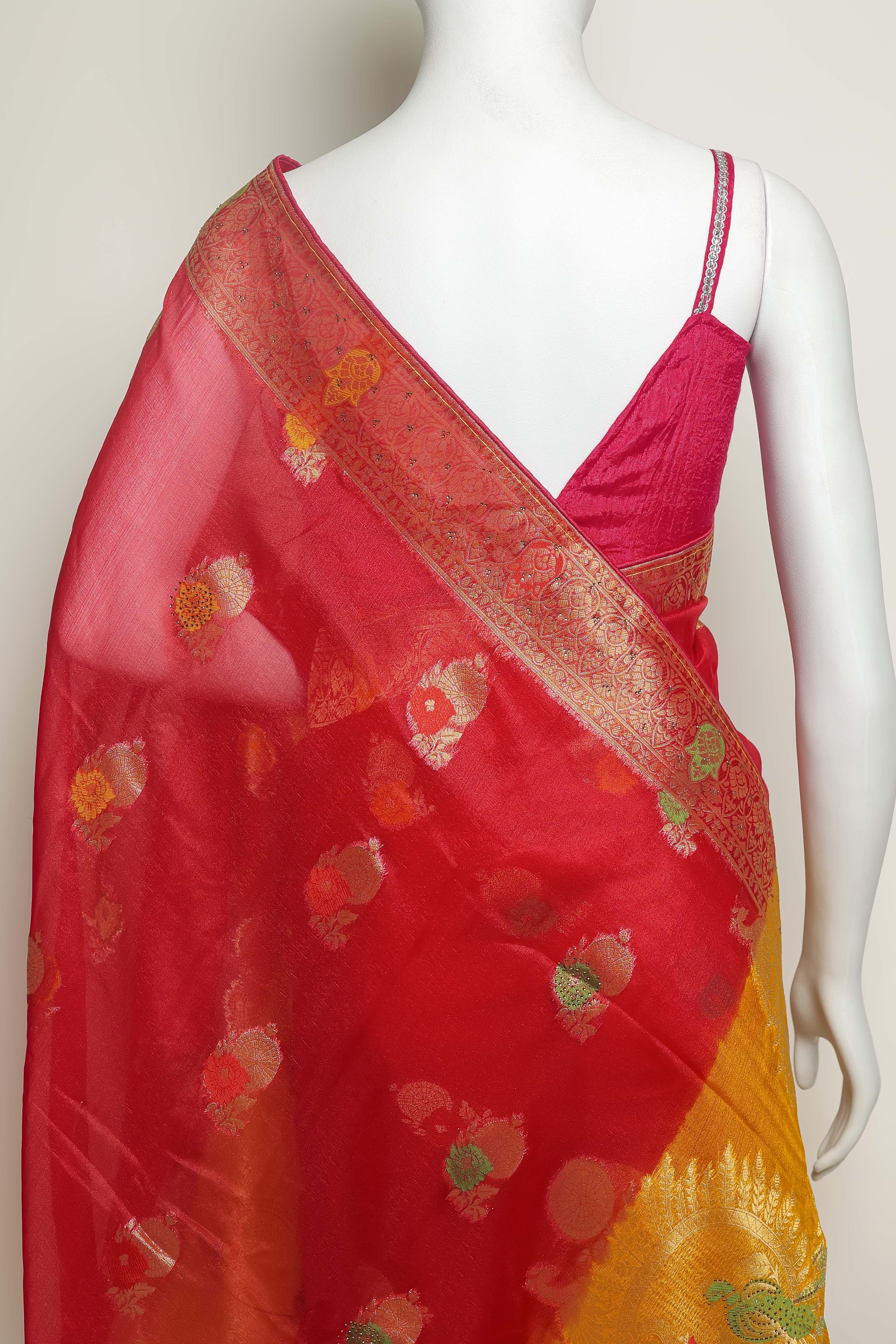 Scarlet Sunshine Art Organza Saree – Swarovski & Meena Embroidery Elegance