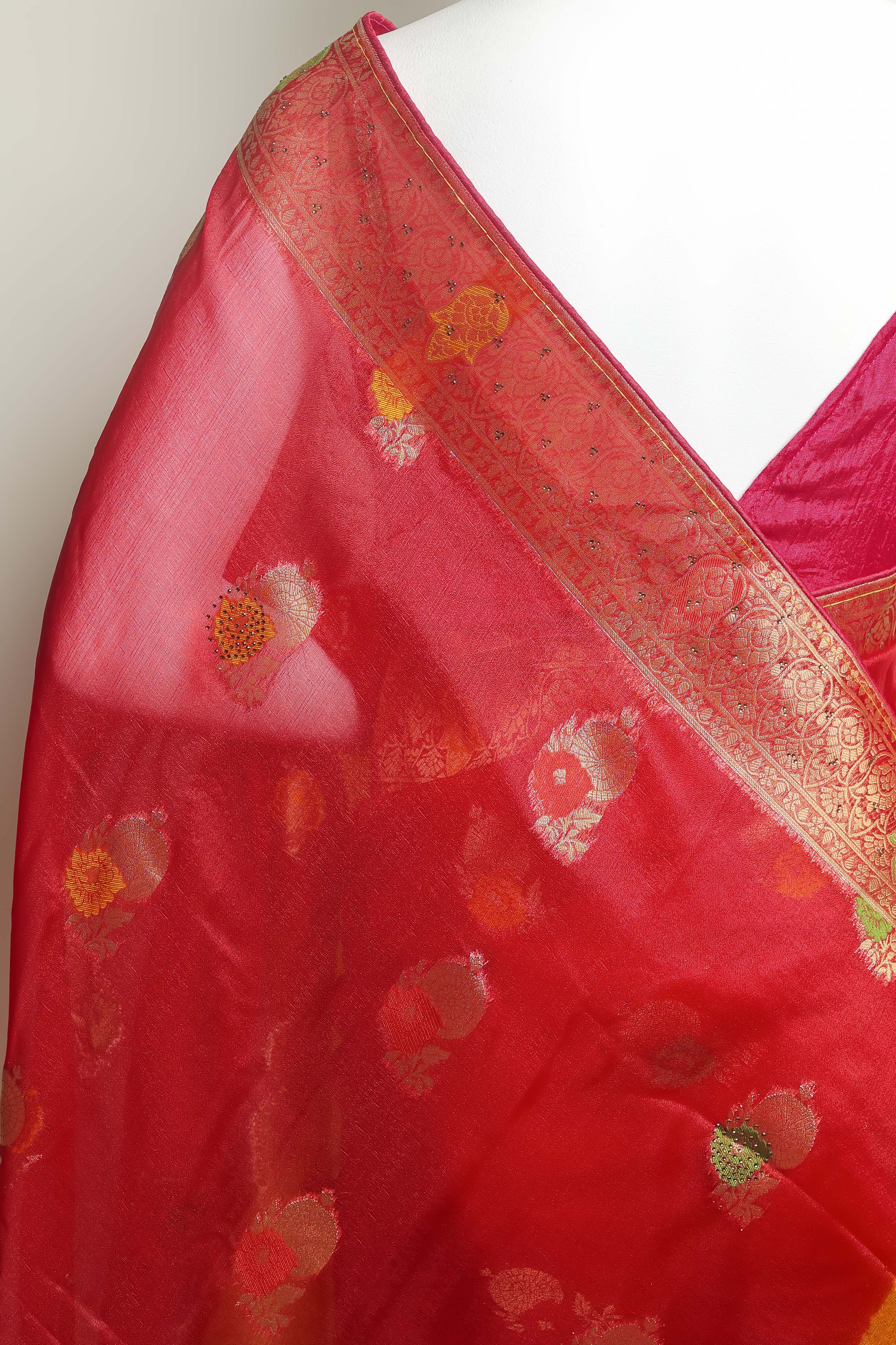 Scarlet Sunshine Art Organza Saree – Swarovski & Meena Embroidery Elegance