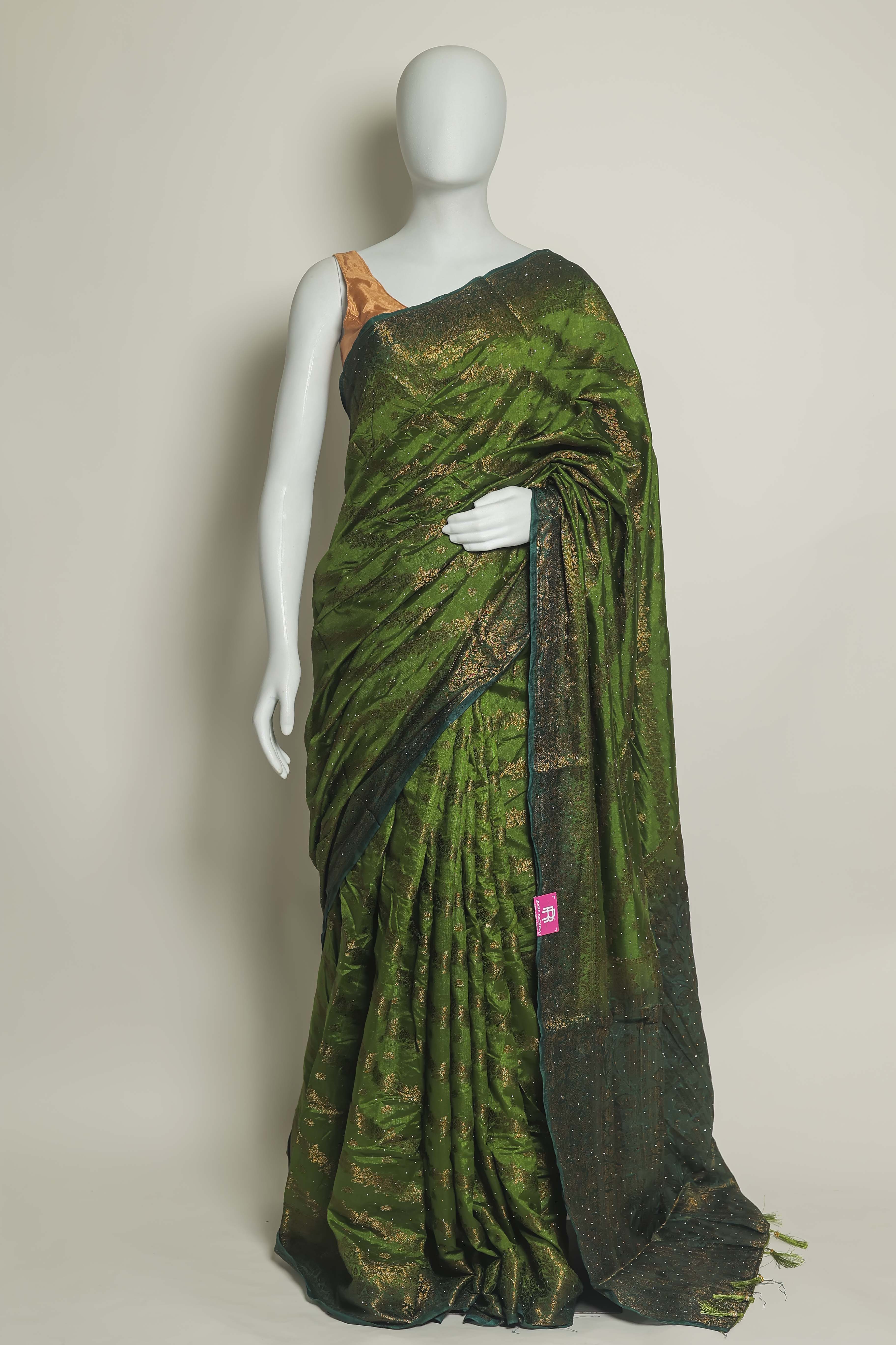 Emerald Grace Art Silk Saree – Swarovski Elegance with Peach Border