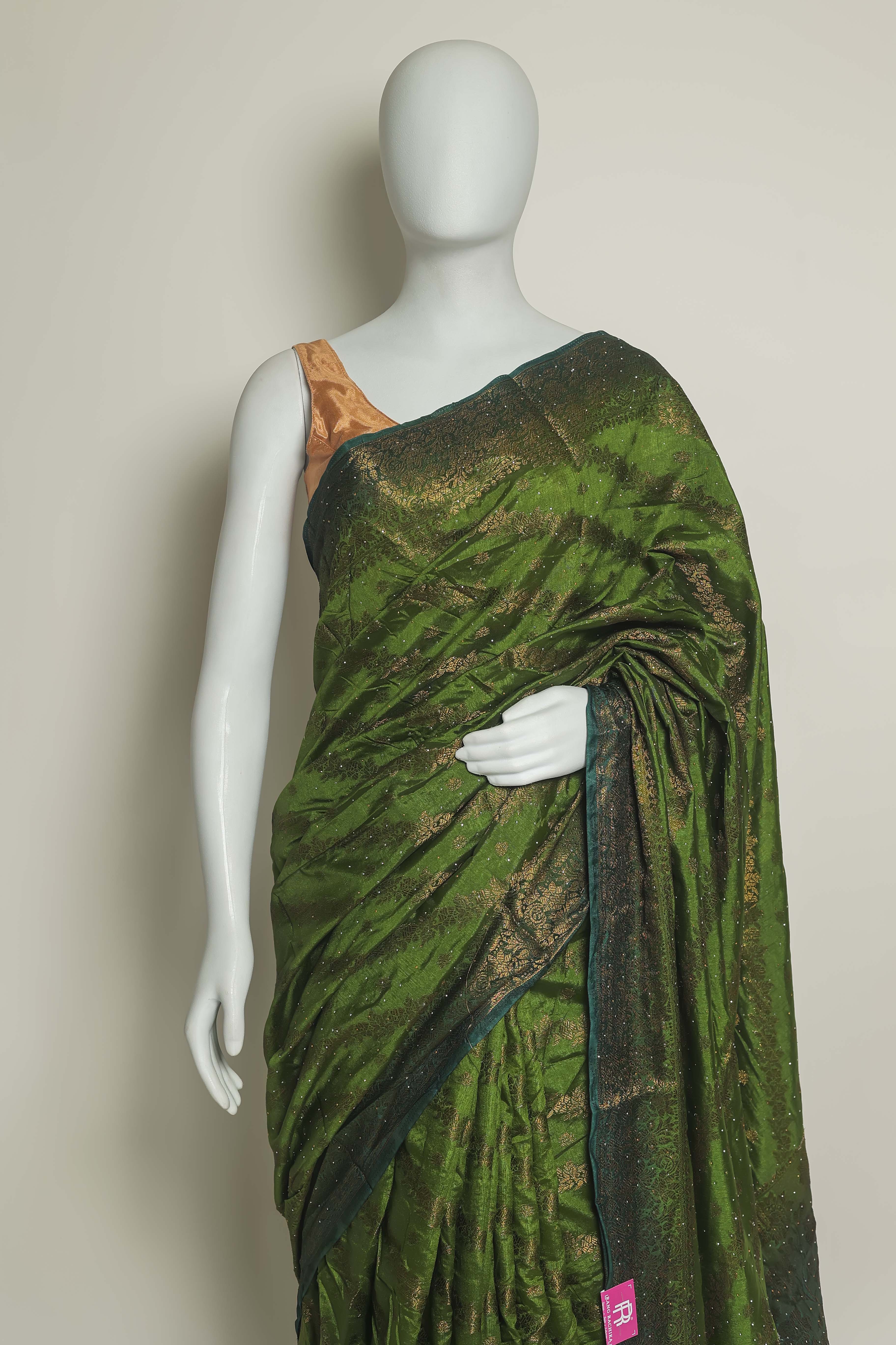 Emerald Grace Art Silk Saree – Swarovski Elegance with Peach Border
