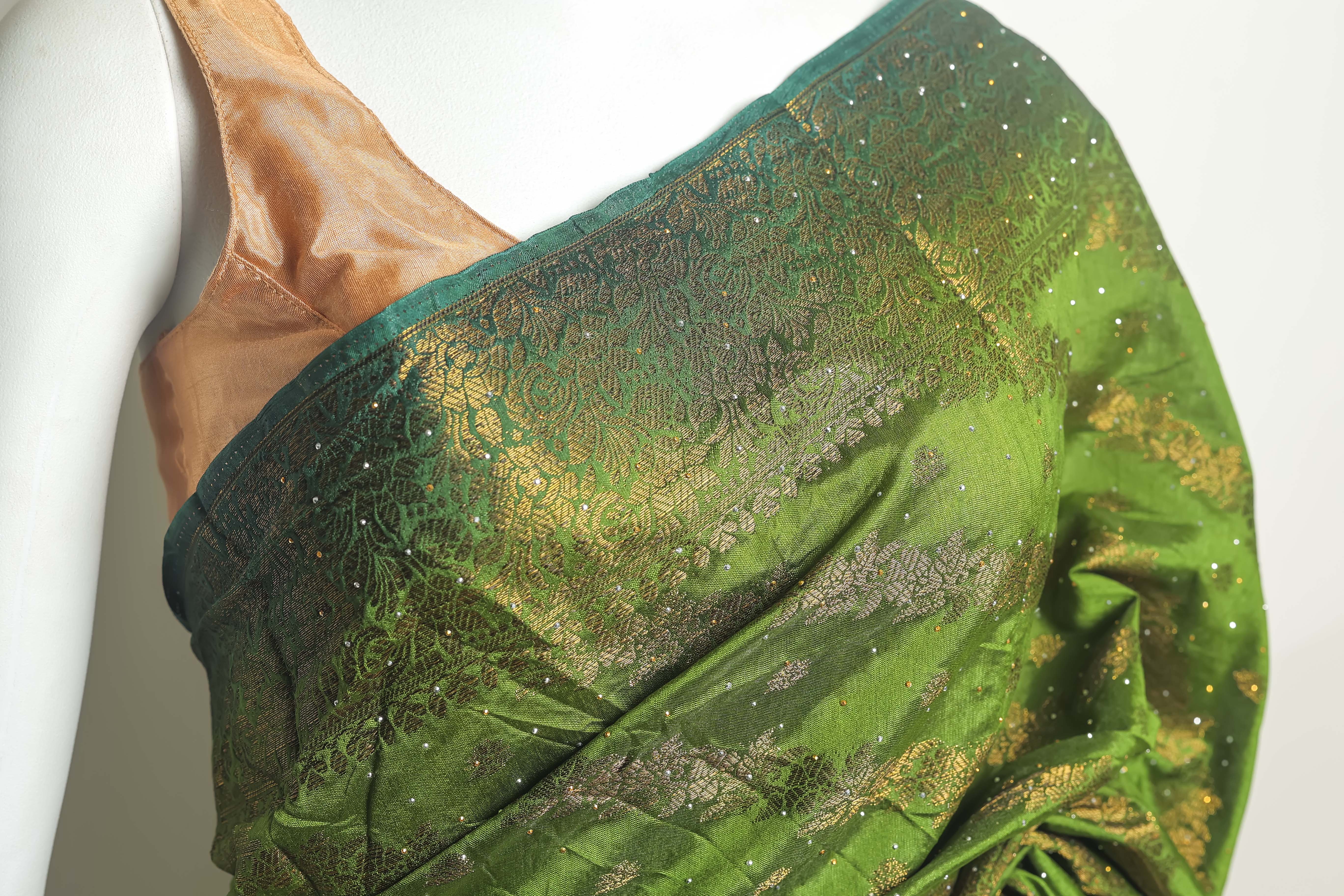 Emerald Grace Art Silk Saree – Swarovski Elegance with Peach Border