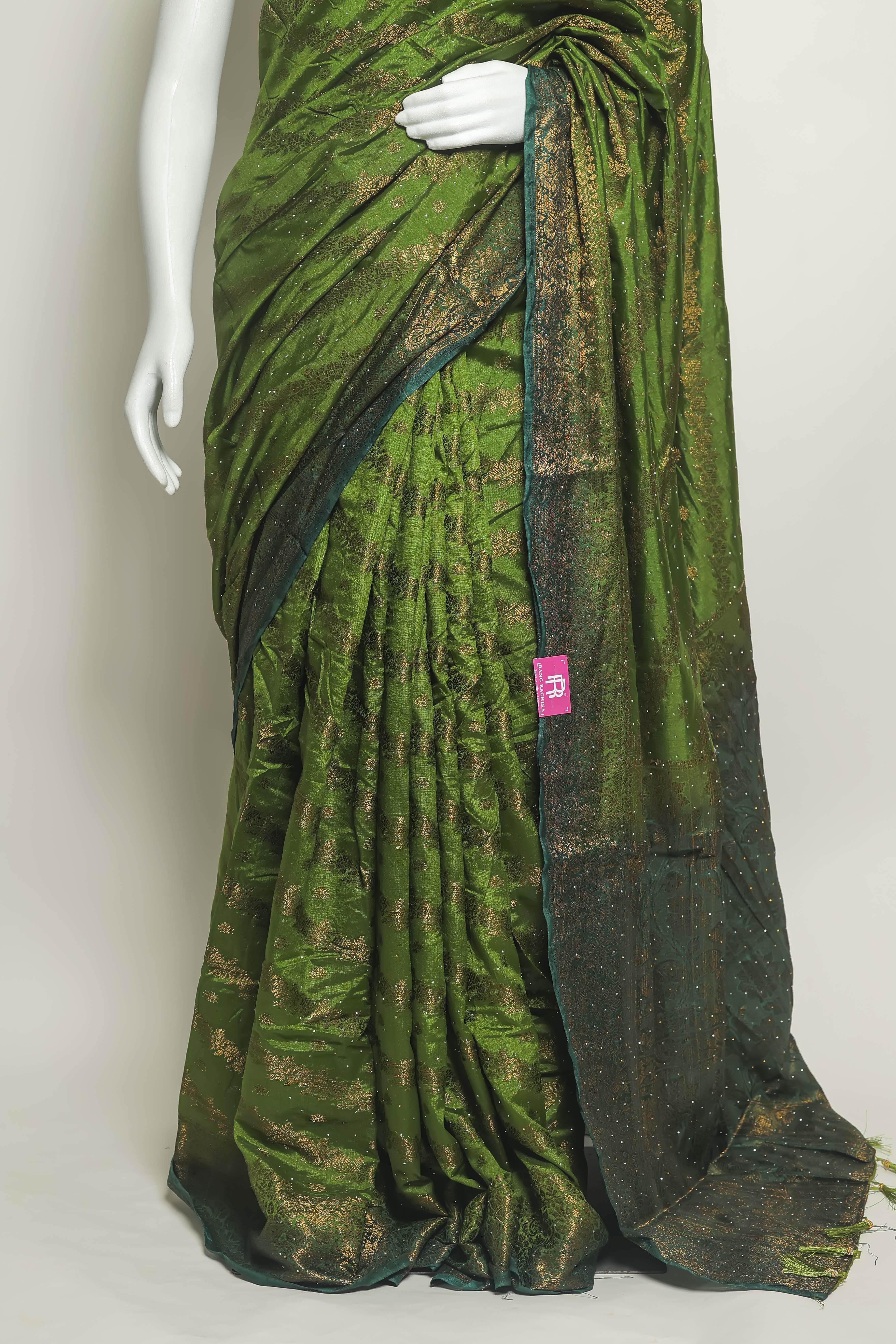 Emerald Grace Art Silk Saree – Swarovski Elegance with Peach Border