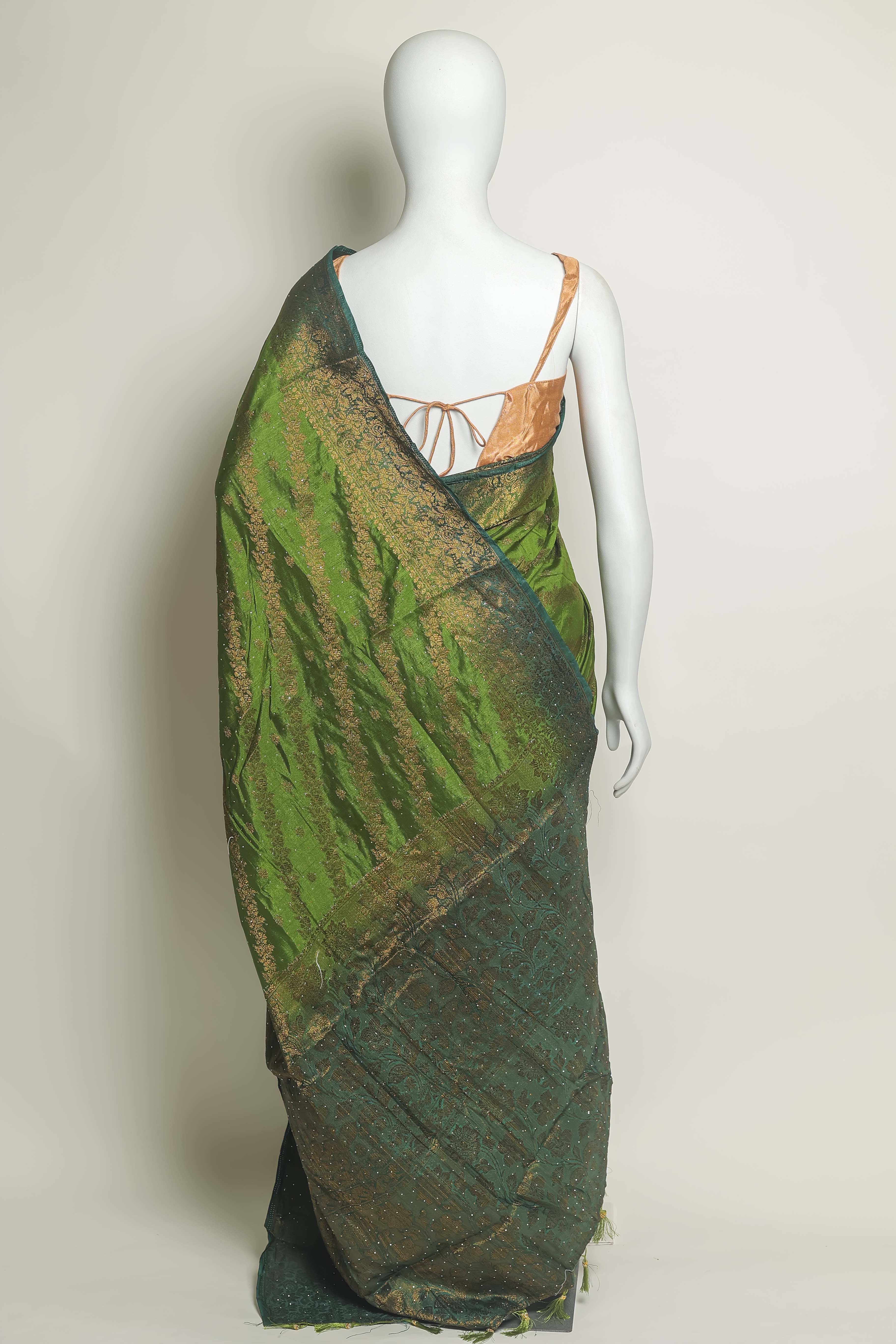 Emerald Grace Art Silk Saree – Swarovski Elegance with Peach Border