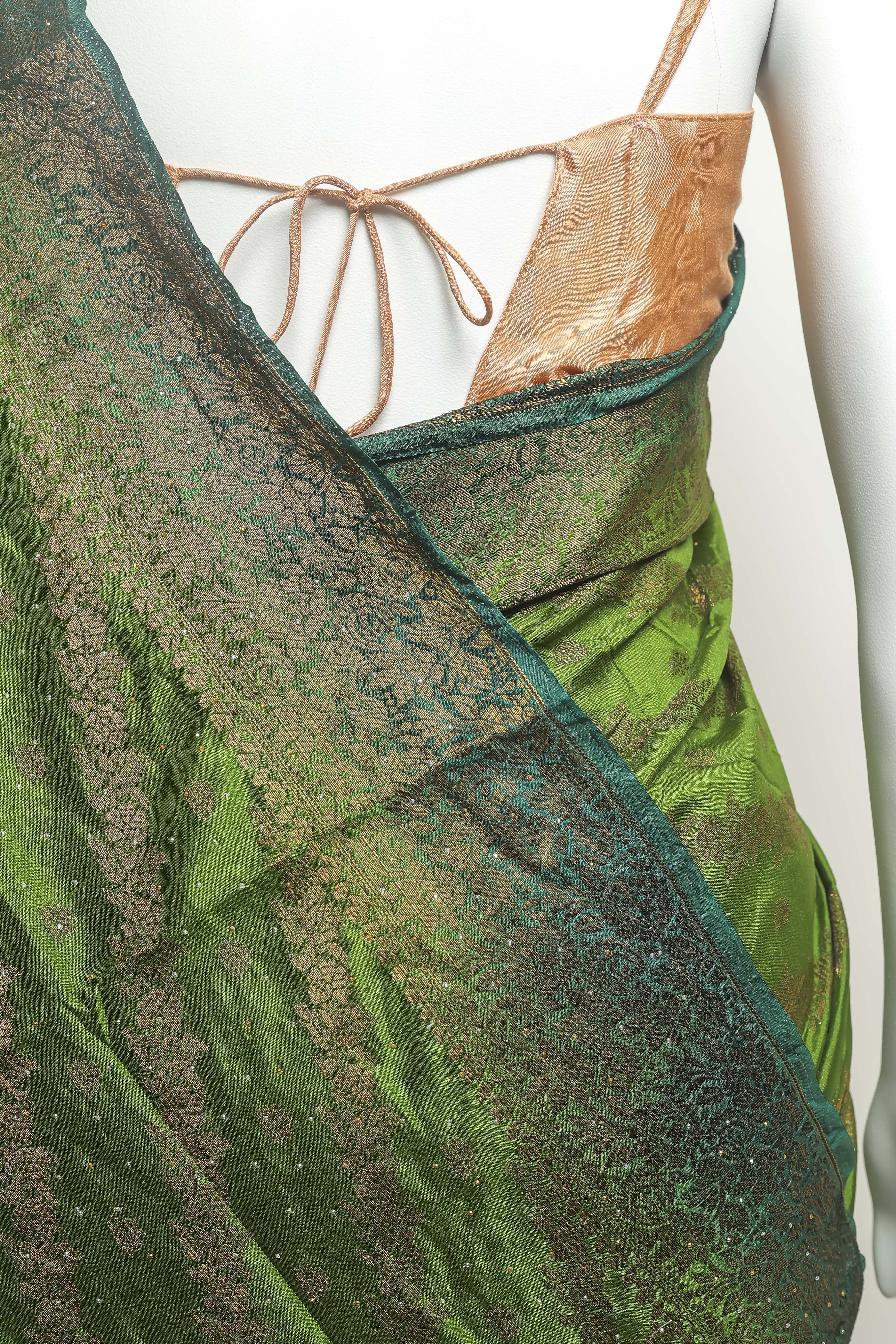 Emerald Grace Art Silk Saree – Swarovski Elegance with Peach Border