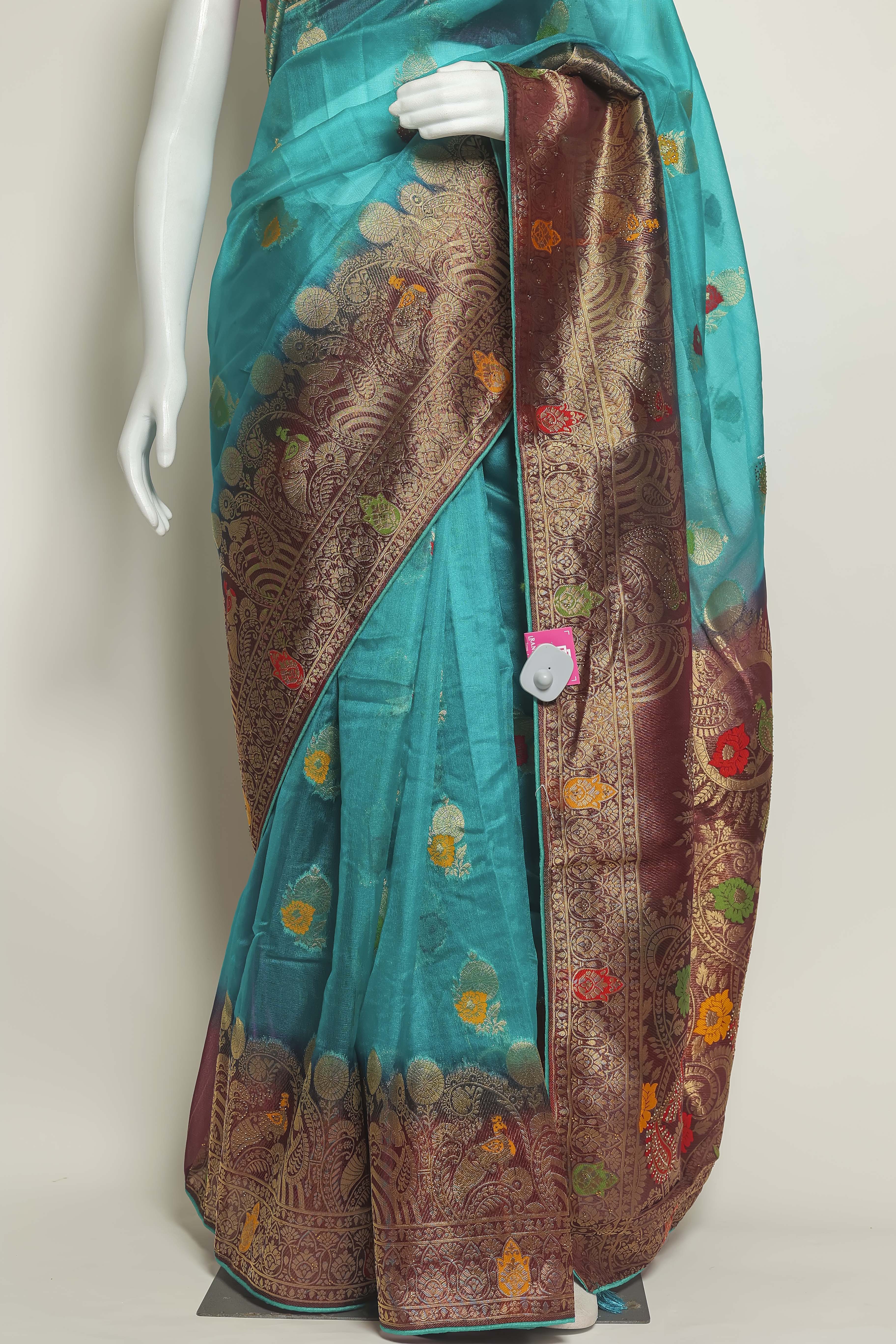 Ocean Royale Art Organza Saree – Firozi & Wine with Swarovski & Meena Embroidery