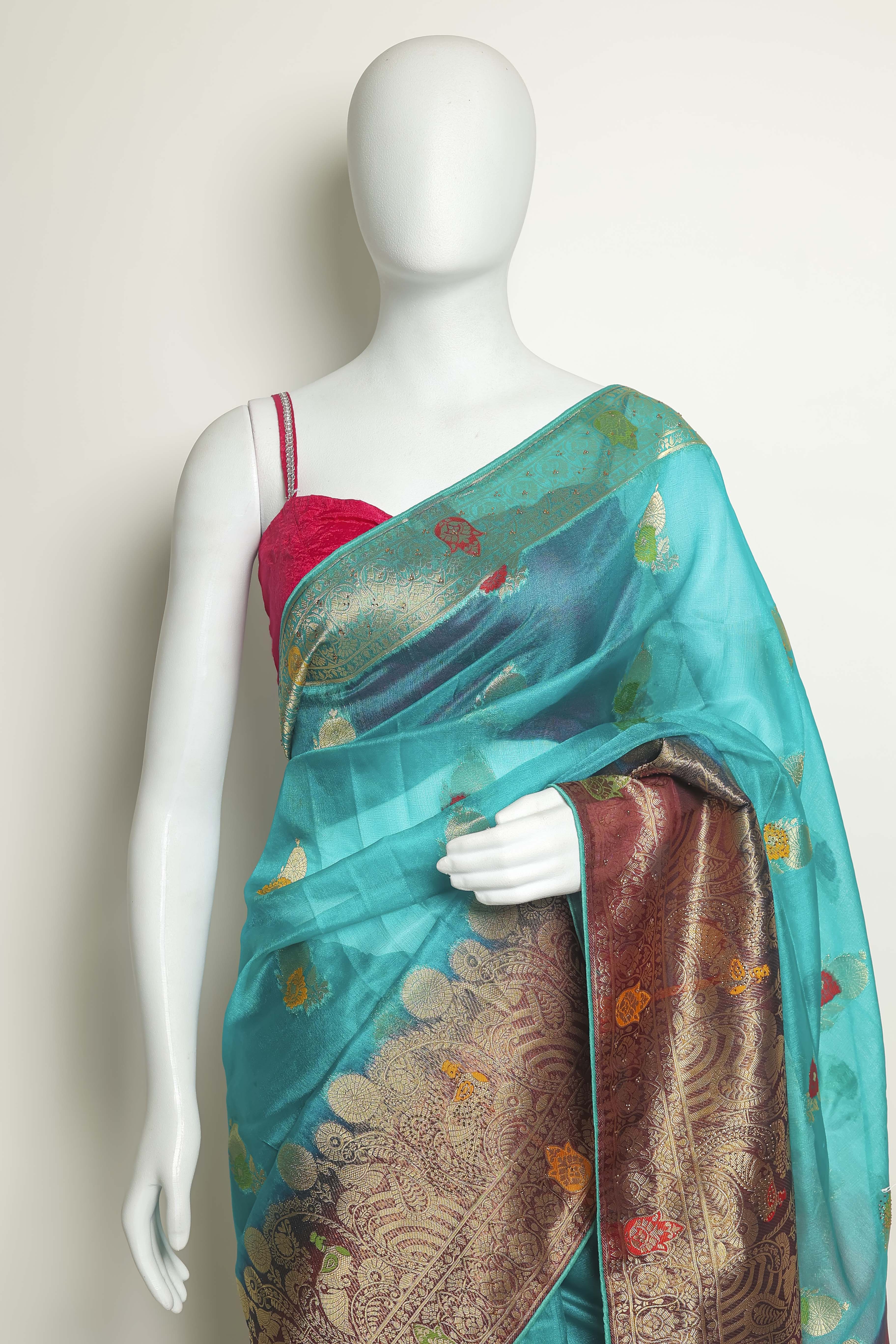 Ocean Royale Art Organza Saree – Firozi & Wine with Swarovski & Meena Embroidery