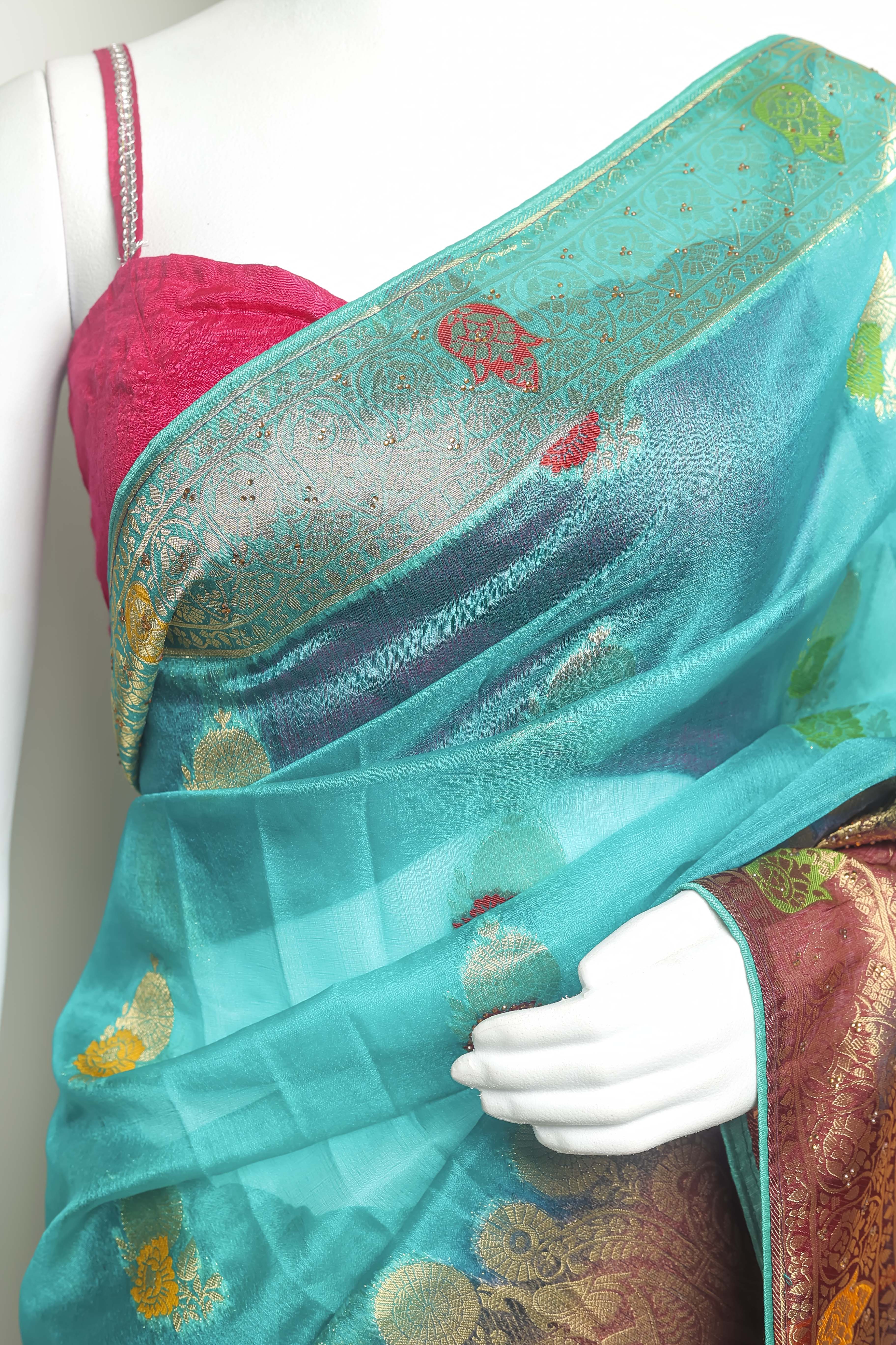 Ocean Royale Art Organza Saree – Firozi & Wine with Swarovski & Meena Embroidery